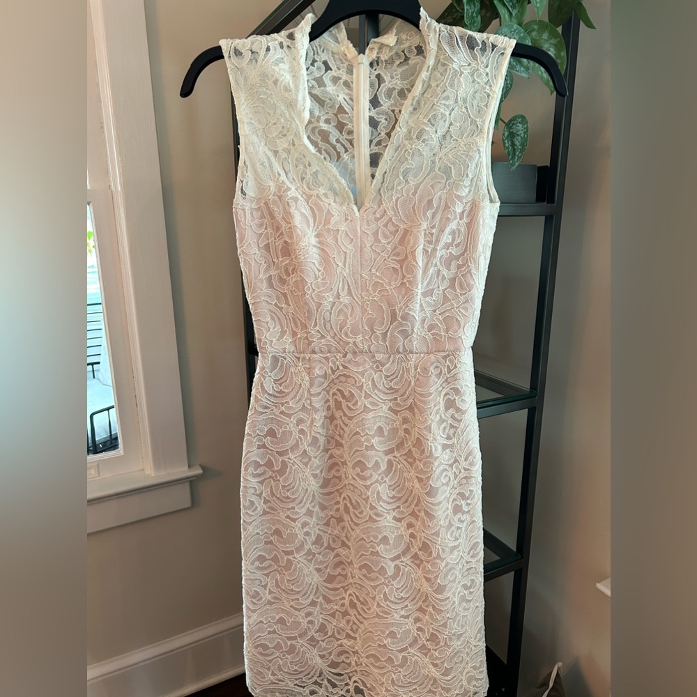 Dessy Collection ivory lace blush lined bridal dress